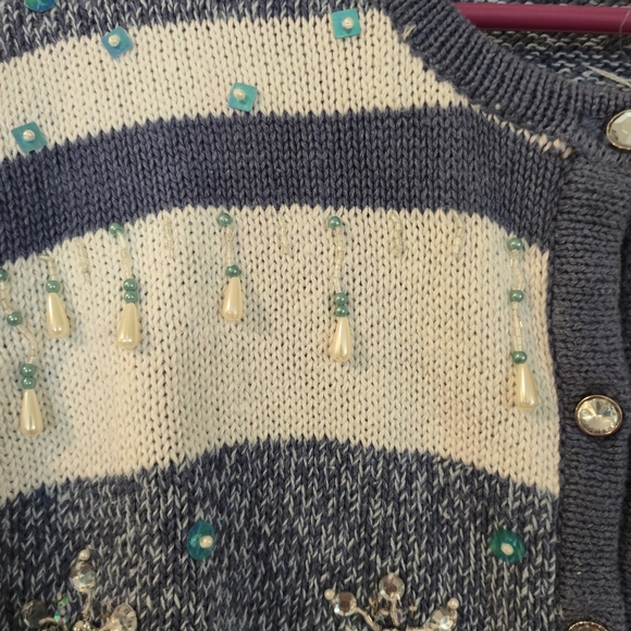 Holiday Time XL Blue Heather Striped Embellished Snowflake Cardigan Sparkle - Picture 8 of 15